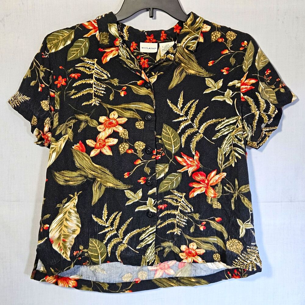 White Stag Shirt 100% Rayon Womens L Black Floral SS Button Front Tropical